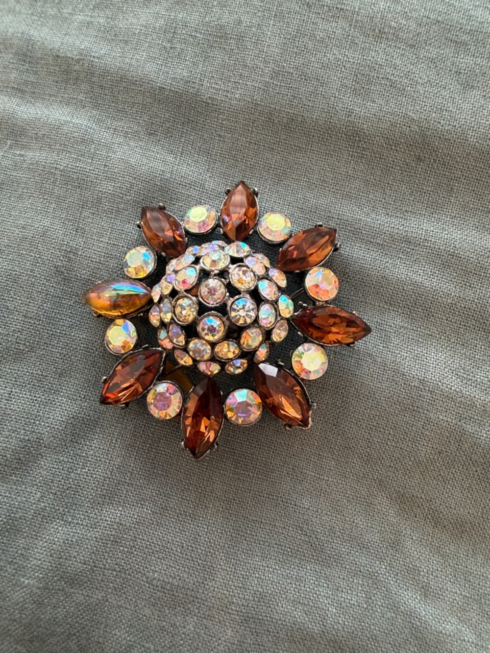 Vintage-Inspired Amber and Aurora Borealis Rhinestone Brooch